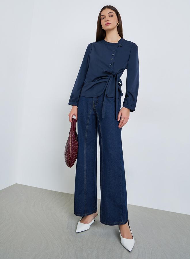 Styli Women Navy Blue Balloon Sleeve Wrap Top - Image 2